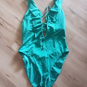 BECCA Teal Ruffled V-Neck One-Piece Swim Bodysuit